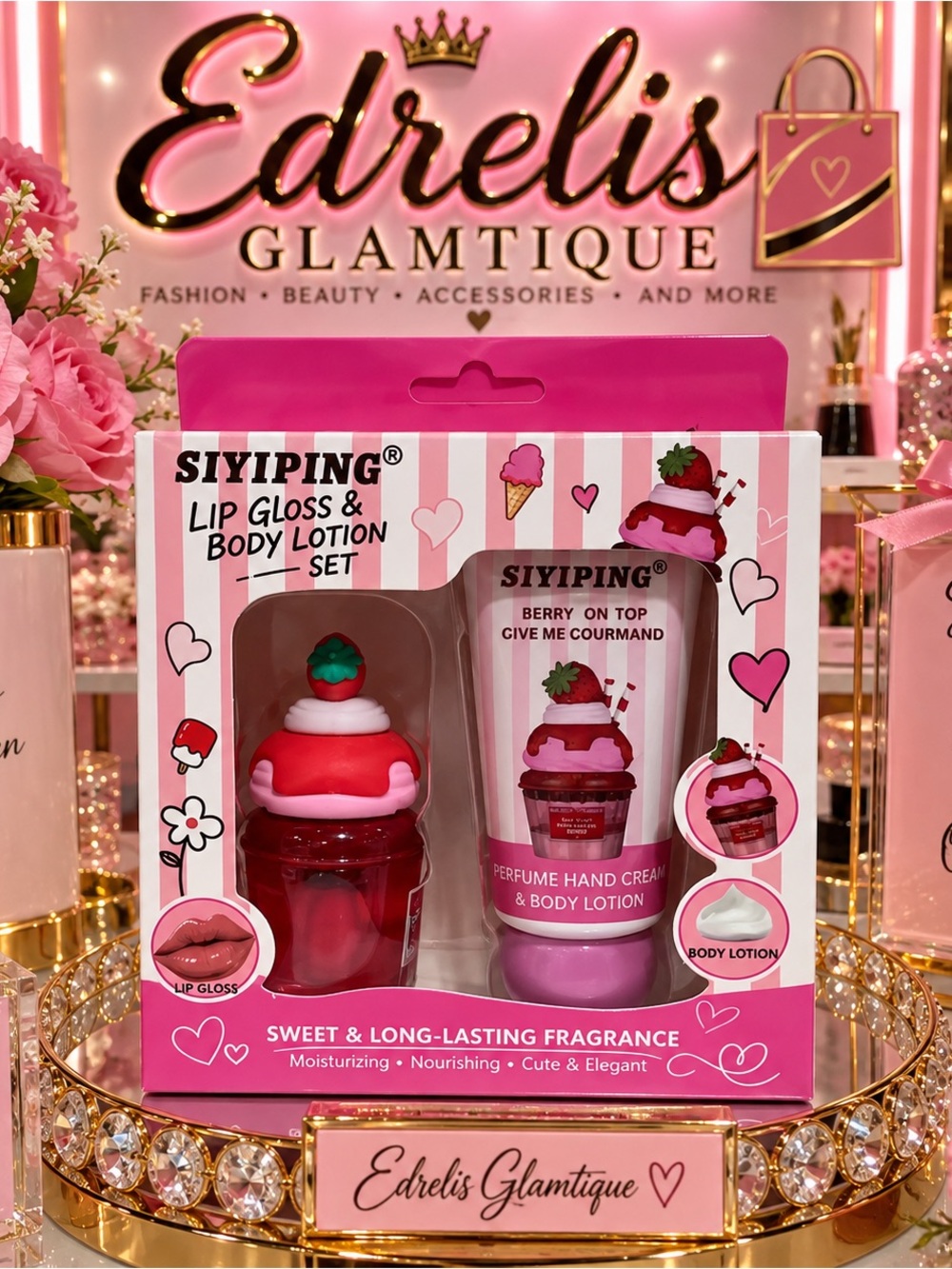 SIYIPING Berry-On-Top Lip Gloss & Body Lotion Set - Pink